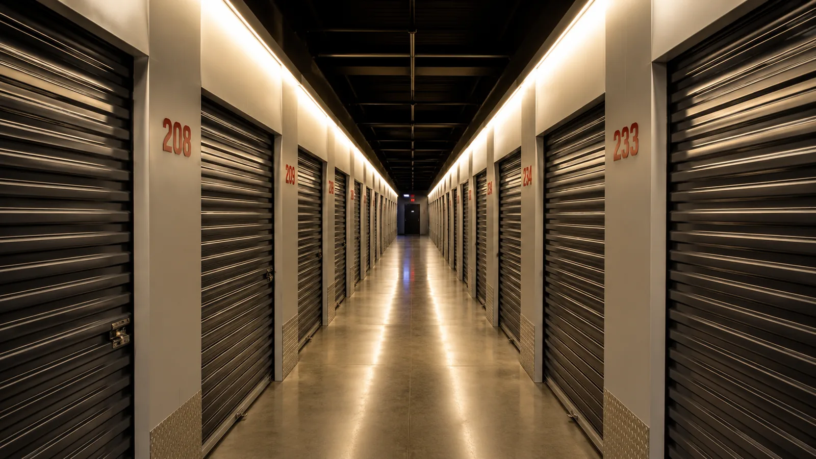Unità di self storage ordinate lungo un corridoio