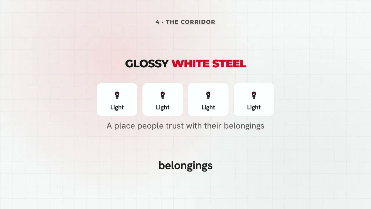 Frame del video: pannelli del corridoio in acciaio bianco lucido che riflettono la luce, un posto a cui la gente affida le proprie cose